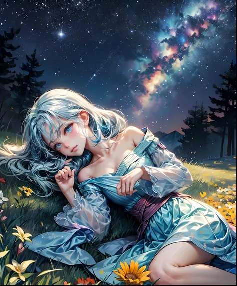 Describe a scene where a cute girl character is lying on a grassy hill, Looking up at the starry sky. Surround her with colorful nebulae and her favorite constellations.