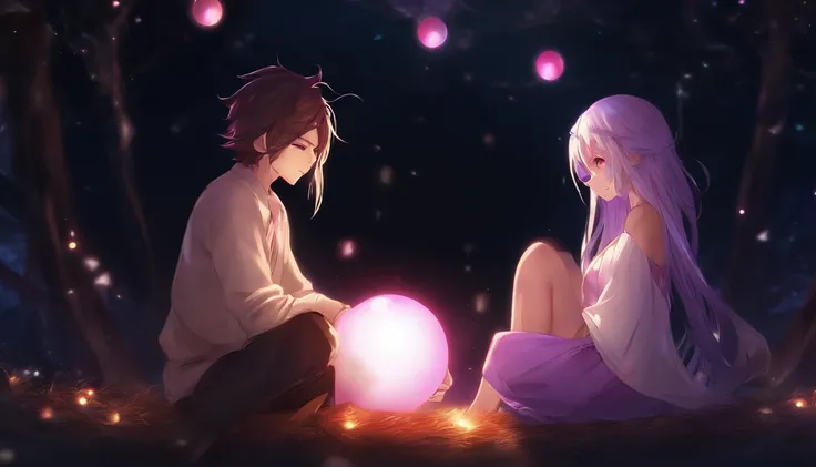 Anime couple sitting on the ground，With glowing spheres, no game no life, beautiful fantasy anime, anime in fantasy style, zerochan art, hd anime wallaper, Anime fantasy artwork, anime wallaper, ethereal anime, Beautiful anime, Anime fantasy illustration, ...