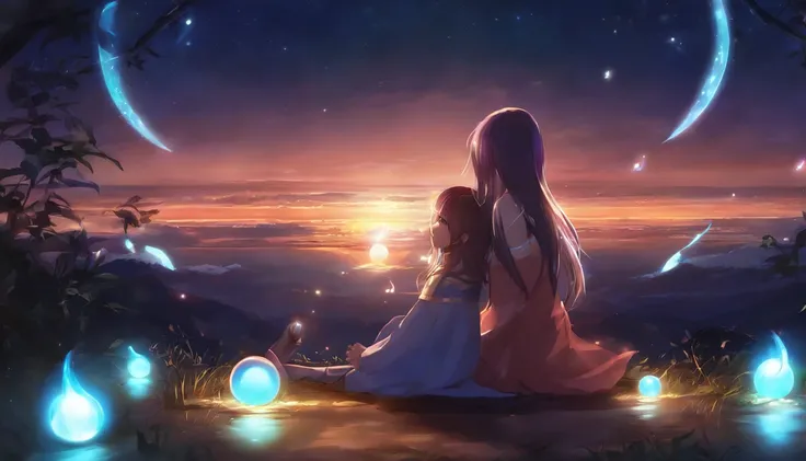 Anime couple sitting on the ground，With glowing spheres, no game no life, beautiful fantasy anime, anime in fantasy style, zerochan art, hd anime wallaper, Anime fantasy artwork, anime wallaper, ethereal anime, Beautiful anime, Anime fantasy illustration, ...