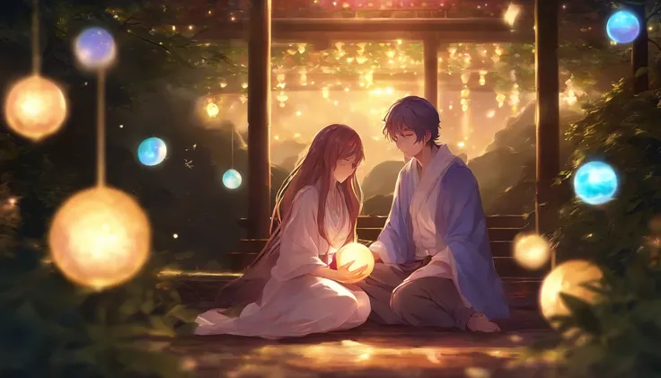 Anime couple sitting on the ground，There are glowing spheres,There are mooncakes， no game no life, beautiful fantasy anime, anime in fantasy style, zerochan art, hd anime wallaper, Anime fantasy artwork, anime wallaper, ethereal anime, Beautiful anime, Ani...