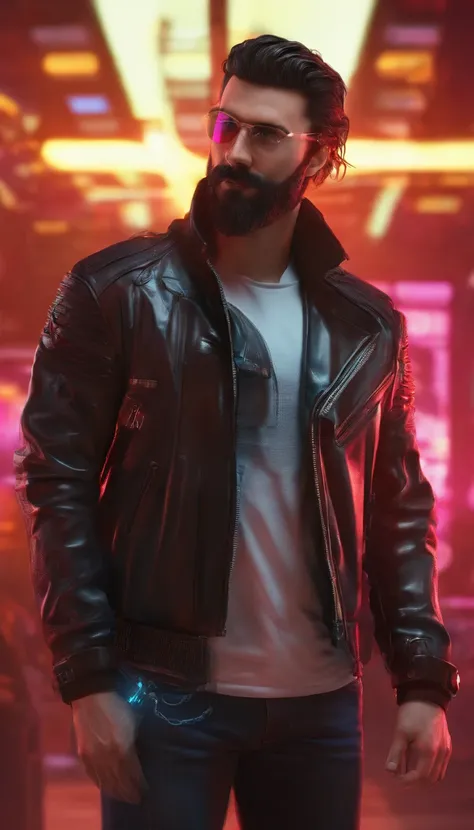 Handsome guy standing in cyberpunk environment with neon in background and putting his hands in pocket wearing black leather jacket and black glass having medium beard and mustache, long hairs.