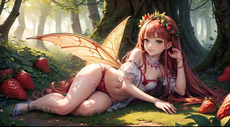 ( Absurd, High quality, ultra-detailed, masterpiece, concept art, smooth, highly detailed artwork, hyper-realistic painting ) , tiny little girl, strawberry girl, Strawberries, cute, whole body, Romantic, Vivid, dreamy, fantasy, fairy wings, in the forest,...