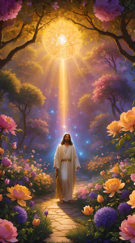 jesus walking through a garden of flowers with a bright light shining through the sky, blossoming path to heaven, greg olsen, ho...