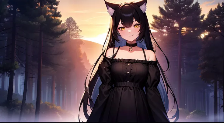 wallpapers, 4K, anime style, masterpiece, (1girl，solo, cat ears，long black hair，yellow eyes, catgirl a little immature，happy, playful smile, smirk, looking at viewer, turned to viewer), (collar, black and white clothe, black dress), sunset, forest, woods, ...