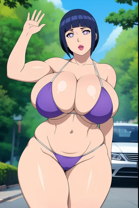 Hinata Hyuuga, 1girl, ((bimbo))), short blue hair, puffy lips, painted lips, thick lips, wide hips, thick thighs, enormous round breast, huge ass, bimbo face, , Round Breasts , muscular stomach abs, shiny skin, breasts squeezed together, enormous huge natu...