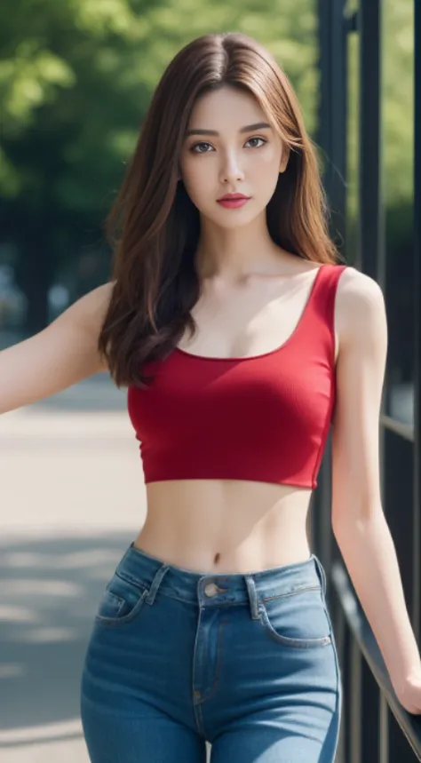 ((Realistic lighting, Best quality, 8K, Masterpiece: 1.3)), Clear focus: 1.2, 1girl, Perfect Figure: 1.4, Slim Abs: 1.1, ((Dark brown hair)), (red crop top and tight jean: 1.4), (park: 1.1), , Super fine face, Fine eyes, Double eyelids,