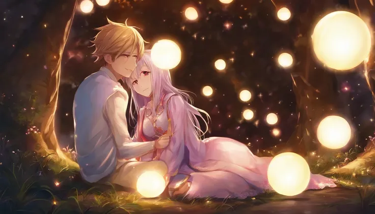 Anime couple sitting on the ground，With glowing spheres, no game no life, beautiful fantasy anime, anime in fantasy style, zerochan art, hd anime wallaper, Anime fantasy artwork, anime wallaper, ethereal anime, Beautiful anime, Anime fantasy illustration, ...