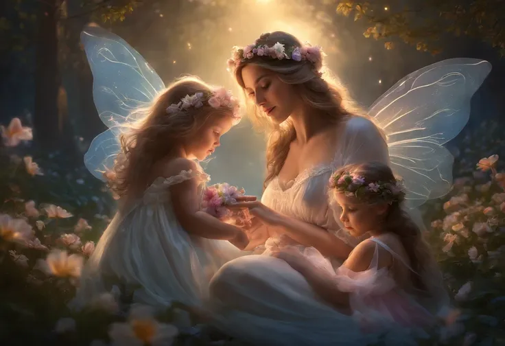 PREGNANT MOTHER AND TWO LITTLE GIRLS DRESSED AS FAIRIES, NIGHTTIME, FLOWERS, NATURE, MOONLIGHT, 8K, resolution concept art portrait by Greg Rutkowski, Artgerm, WLOP, Alphonse Mucha dynamic lighting hyperdetailed intricately detailed Splash art trending on ...