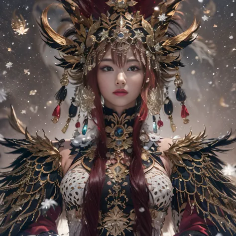 32K gradient glass texture（tmasterpiece，k hd，hyper HD，32K）Short burgundy hair，Short flowing hair，Onsen District，Flame Girl ，Yao Lang protector （realisticlying：1.4），Python pattern robe，Black gold master Kawashima work headdress，Snowflakes fluttering，The bac...