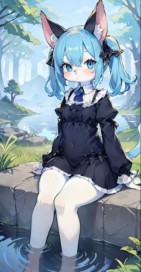 ((masterpiece, best quality)), furry, animal ears, tail, bodyfur, (ultra-detailed), (illustration), (ultra highres), (delicate illustration), (hyper-detailed),1girl, blue_dress, blue_eyes, blue_hair, blush, dressed, long_sleeves, outdoors, pond, short_hair...