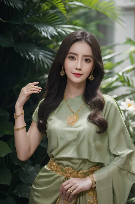 araffe woman in a green dress posing for a picture, in style of lam manh, dilraba dilmurat, nivanh chanthara, ao dai, inspired b...