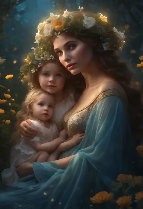 PREGNANT MOTHER AND TWO LITTLE GIRLS DRESSED AS FAIRIES, NIGHTTIME, FLOWERS, NATURE, MOONLIGHT, 8K, resolution concept art portrait by Greg Rutkowski, Artgerm, WLOP, Alphonse Mucha dynamic lighting hyperdetailed intricately detailed Splash art trending on ...