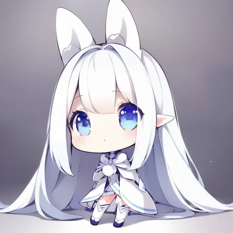 ​masterpiece、detaileds、Soft lighting、white and long ears、Goth rabbit girl with long white hair、Blue-eyed chibi、white backgrounid、simple background、Pencil、