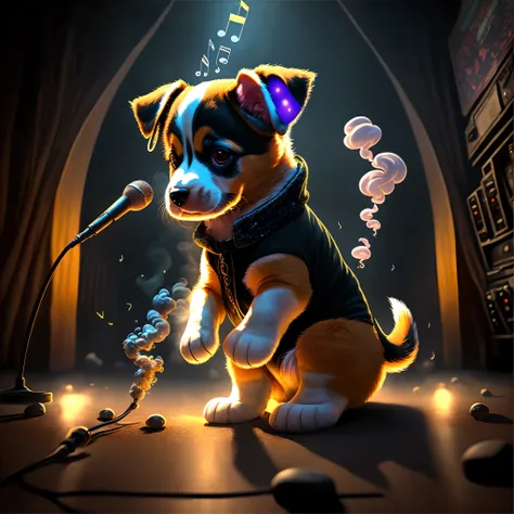 ，Masterpiece, Best quality，8K, 超高分辨率，（Anthropomorphic image），In the middle of the night，The music begins，A puppy in a rock costume dancing on a DJ stage。He wears a pair of headphones on both ears，Press the music controller with one hand，The other hand wave...