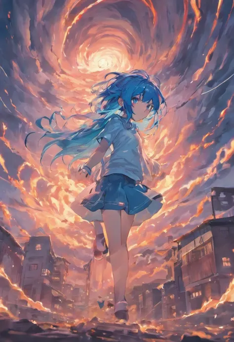 Beutiful girl with blue hair red eyes beutiful face 16 years old with a tornado behind her