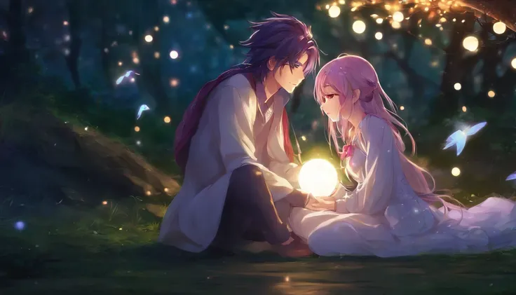 Anime couple sitting on the ground，With glowing spheres, no game no life, beautiful fantasy anime, anime in fantasy style, zerochan art, hd anime wallaper, Anime fantasy artwork, anime wallaper, ethereal anime, Beautiful anime, Anime fantasy illustration, ...