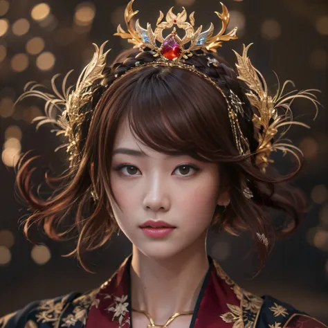 32K gradient glass texture（tmasterpiece，k hd，hyper HD，32K）Short burgundy hair，Short flowing hair，Onsen District，Flame Girl ，Yao Lang protector （realisticlying：1.4），Python pattern robe，Black gold master Kawashima work headdress，Snowflakes fluttering，The bac...