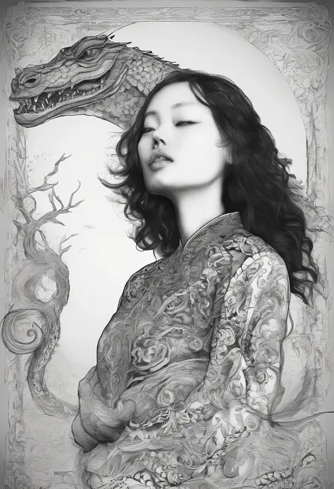 This woman is a woman dressed all in black,around her there are black ink dragon pattern 2d, Chinese style, ink painting style, real life photography, to Shi Lin Huang style, surreal animation, swirly, Mashnikov, Zen-like quiet, dragon art, film compositio...