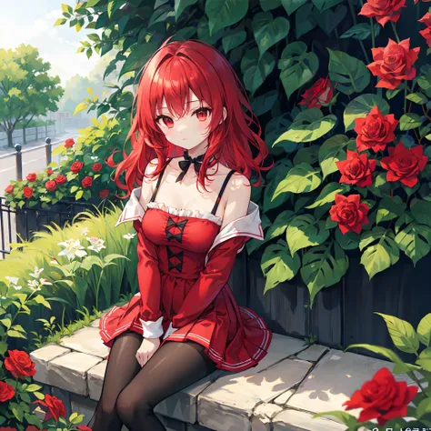 wavy red hair、red eyes、Beautiful girl alone、Bright red dress、off shoulders、a miniskirt、Black tights、sitting on、Bright Red Rose Garden