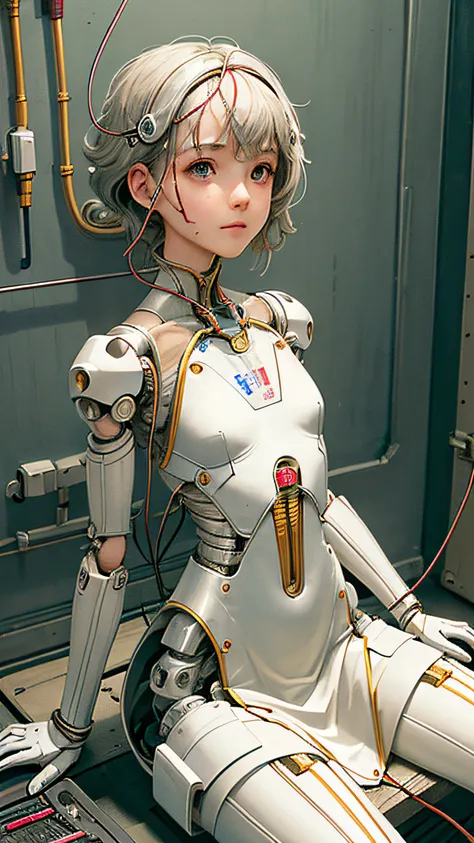 (((masterpiece))), (((best quality))), ((ultra-detailed)), (highly detailed CG illustration), ((an extremely delicate and beautiful)),(cute delicate face),cinematic light,((1mechanical girl)),solo,full body,(machine made joints:1.4),((machanical limbs)),(e...