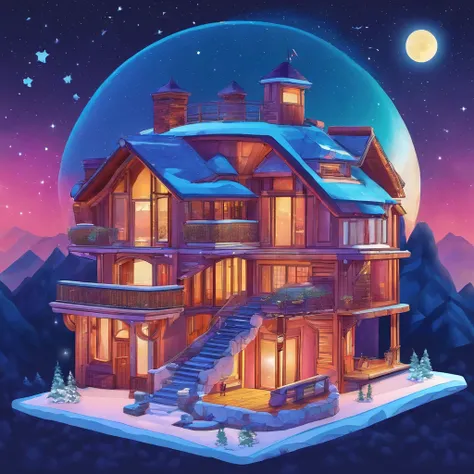 a magnificent colorful igloo on 2 floors with a terrace on the second  with a chimney in the center of the roof, a door and two Windows and solar panels , uhd, hyperdetails, Milky Way, giant blue moon in the background, and shooting stars, vibrant colors, ...