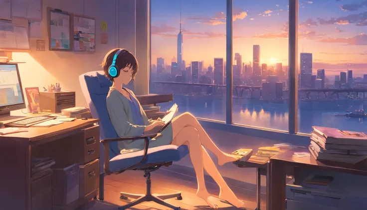 portlate、512、lo-fi、Girl in headphones sitting on a chair、Napping at your desk、Eyes closed、City view outside the window、early evening、PastelColors、Painting