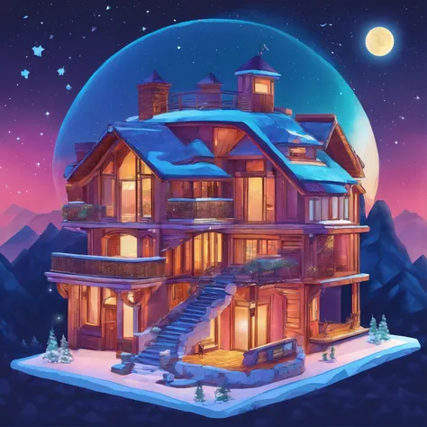 a magnificent colorful igloo on 2 floors with a terrace on the second  with a chimney in the center of the roof, a door and two Windows and solar panels , uhd, hyperdetails, Milky Way, giant blue moon in the background, and shooting stars, vibrant colors, ...