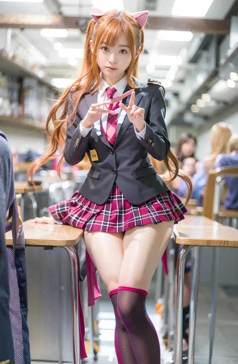 校服、knee high socks、Orange hair、Longhaire、Side tail、side poneyTail、pink scrunchie、kawaii faces、‎Classroom、Tight uniform、Spread your legs apart、sexy underwear、Spread your legs boldly、Tight uniform、Mature look、plaid skirts、White shirt、I can see the cleavage、B...