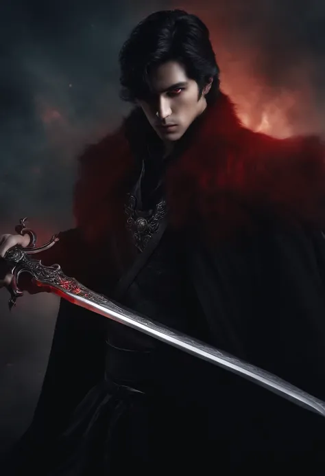 A man 26 years old with black hair and red eyes with holding black sword with dark aura