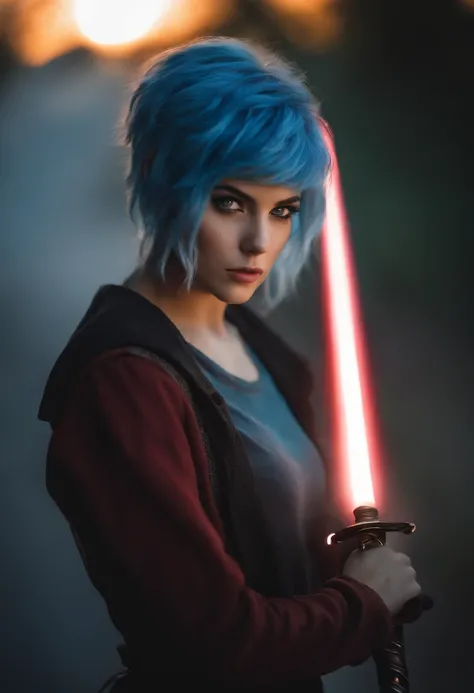 Beautiful girl with blue hair red eyes beautiful face 21 years old with tornado behind her she hold a light sword