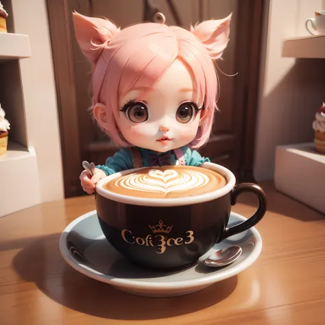 Cute Baby Chibi Anime、(((Chibi 3D))) (Best Quality), (masutepiece)、Chibi Model、newyork、Upper East Side、Open café、coffee cup、Cake with a shortcut in a plate🍰、A detailed face、Fun、