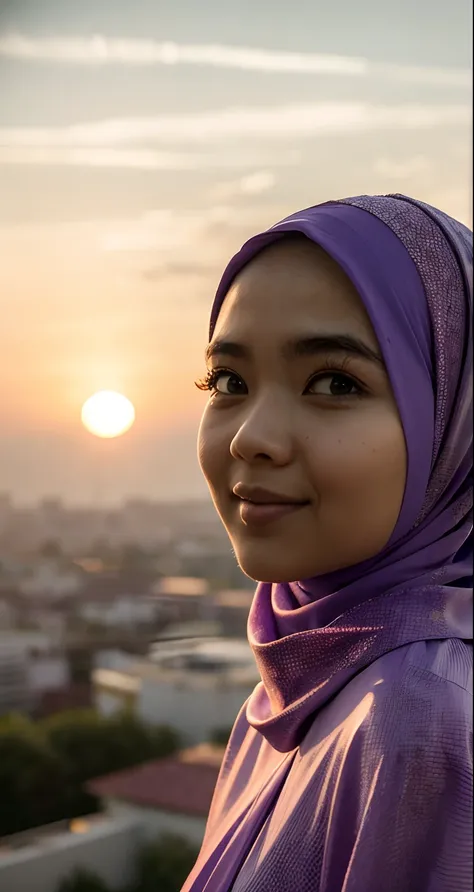 masterpiece, best quality, movie still, 1 malay girl in lilac hijab, cloud girl, floating in the sky, close-up, bright, happy, warm soft lighting, sunset, (sparks:0.7)