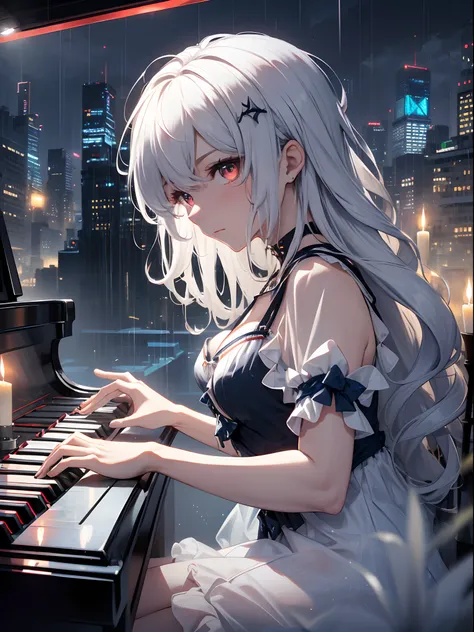 masterpiece,(bestquality),highlydetailed,ultra-detailed,(dark),(intense shadows),(at the castle),(rainy night in a cyberpunk city with glowing neon lights),(piano),(player),(solo),(elegant),(long black gown),(reflection on the piano),(soft candlelight),(me...