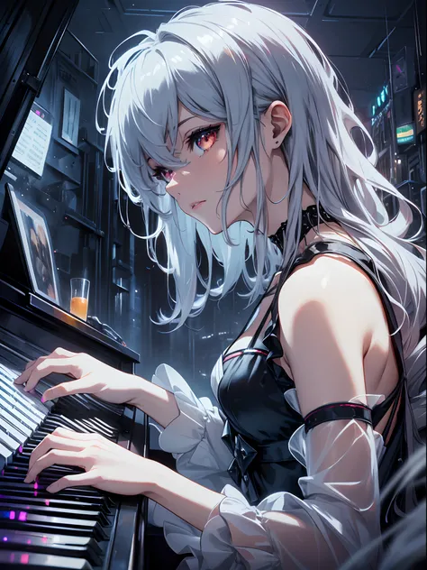 masterpiece,(bestquality),highlydetailed,ultra-detailed,(dark),(intense shadows),(at the castle),(rainy night in a cyberpunk city with glowing neon lights),(piano),(player),(solo),(elegant),(long black gown),(reflection on the piano),(soft candlelight),(me...