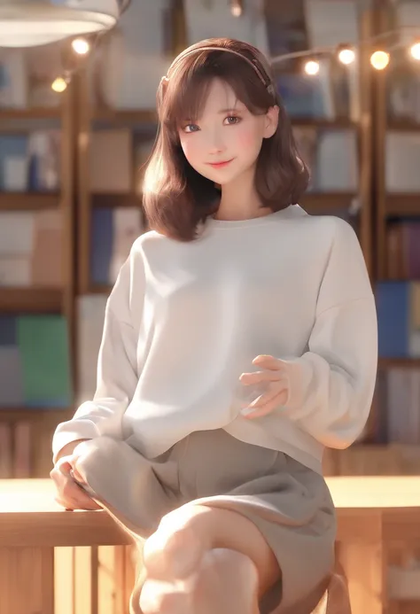 ((of the highest quality, 8K,Raw photo)), (Realistic, Photorealistic: 1.37), (Face Focus: 1.1), Small breasts, flat chest, Short hair, A Japanese Lady、20yr old、Japan idol system、(white sweatshirt: 1.1)、Skirt, Sitting, Arms up, From below, Sunlight, Movie L...