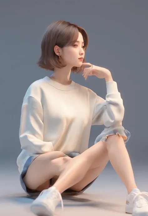 ((of the highest quality, 8K,Raw photo)), (Realistic, Photorealistic: 1.37), (Face Focus: 1.1), Small breasts, flat chest, Short hair, A Japanese Lady、20yr old、Japan idol system、(white sweatshirt: 1.1)、Skirt, Sitting, Arms up, From below, Sunlight, Movie L...