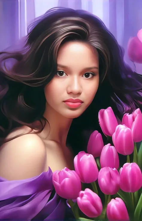 Painting of a woman with a bouquet of pink tulips, airbrush digital oil painting, pintura digital brilhante, imagem de arte digital, digital airbrush painting, digital art oil painting, pintura digital bonita, lindo pintura digital, bela arte digital, lind...