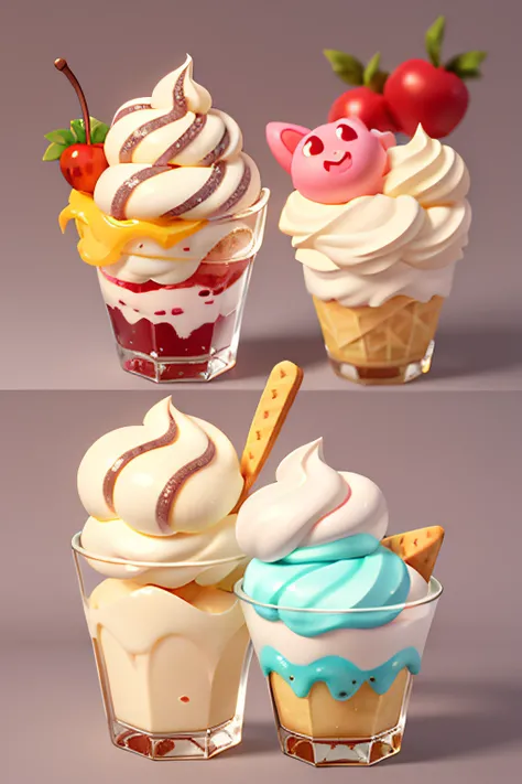 Q version、Cartoony、icecream、morango、cream-colored、cherrie、glass、Top-down view