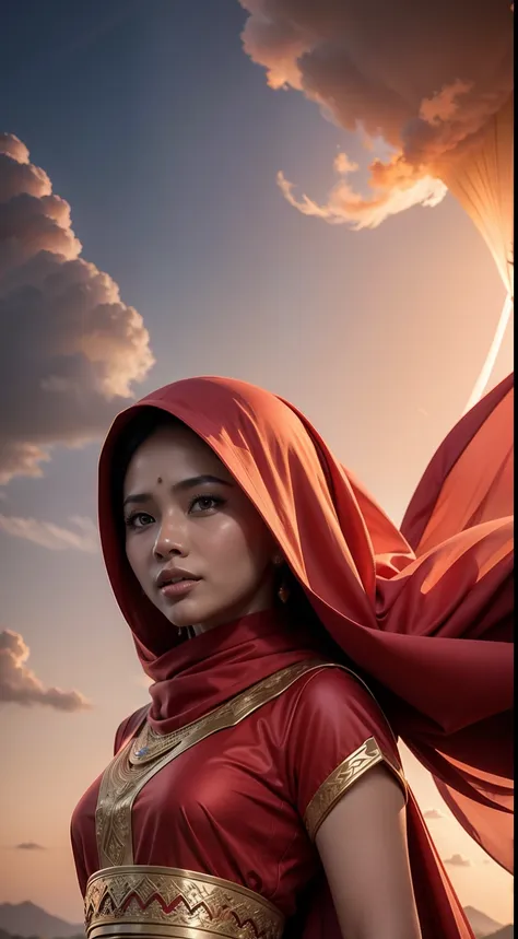 a malay women with red eyes, red long hijab, with a super cool fiery dress, sky background