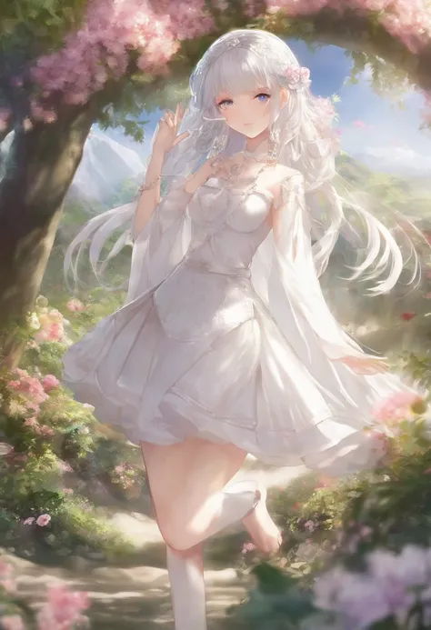 extremely detailed CG unity 16k wallpaper:1.1), (Denoising strength: 1.45), (tmasterpiece:1.37), watercolor, extremely detailed, 1girl, full body, beautiful detailed eyes, cute anime face, full body, beautiful detailed face, white hair, (Botanical illustra...