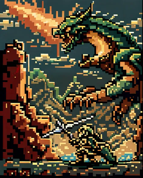 in a pixelated fantasy realm, a courageous knight wielding a gleaming sword confronts a menacing dragon with jagged, fiery pixel...