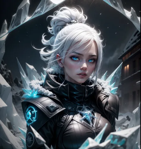 📷, see through, Transparent, Ice Woman with a Mohawk,  icy city, Ice volcano, Giant Glass Skull, Icy Landscape, Monster Movie poster Aesthetics, Icy Hannya Mask, Giant ice Clouds, Highly Cinematic, Snow falling, White neon blue black and Grey Colour Scheme...