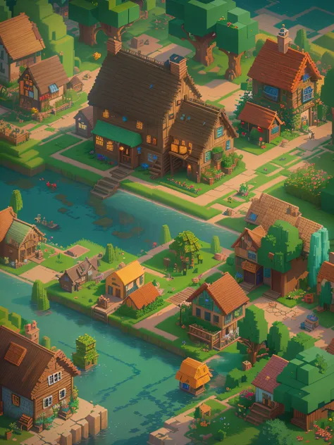 Craft a masterpiece, the pinnacle of quality, an 8K wallpaper in astonishing detail. Picture a charming pixel-art village, reminiscent of Minecraft, with adorable, pixelated houses dotting the landscape. In the heart of this village stands a colossal tree,...