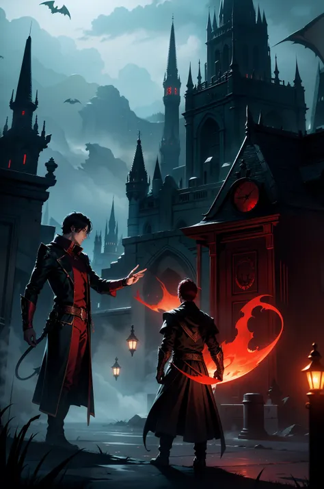 Magicians vs. demons，Night environment，red colour，Fantasy style