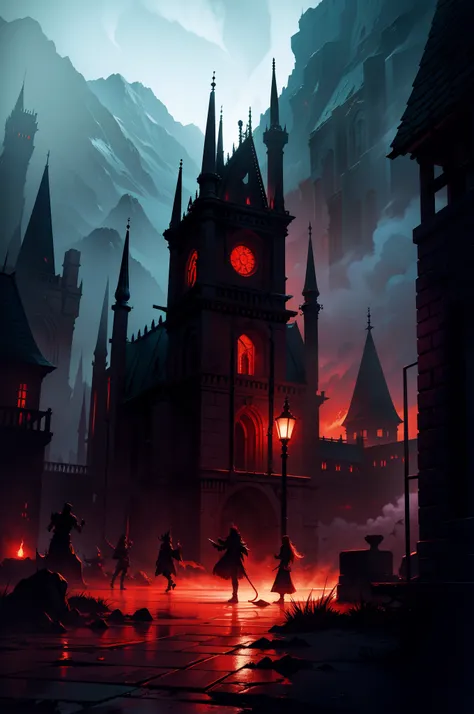 Magicians vs. demons，Night environment，red colour，Fantasy style