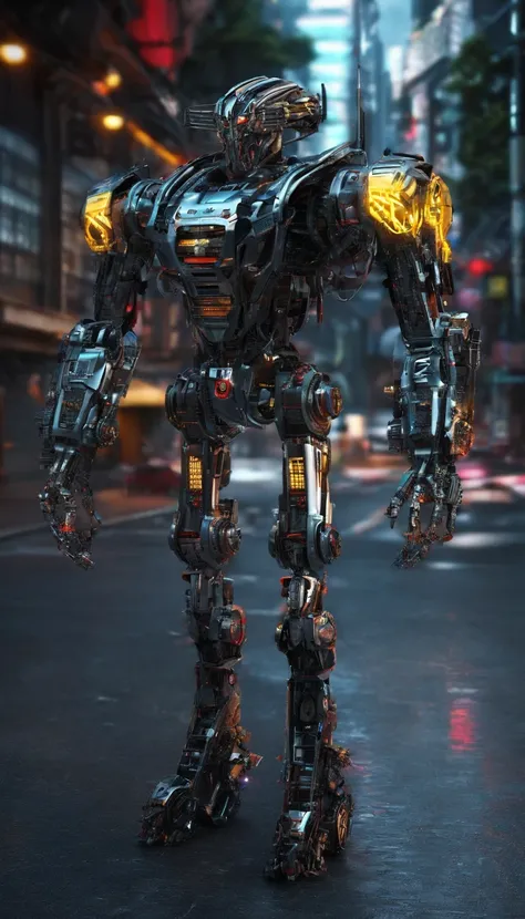 A robot, walking on the street, transformers, cars，portrait，Machinery, Future Warrior,Colorful