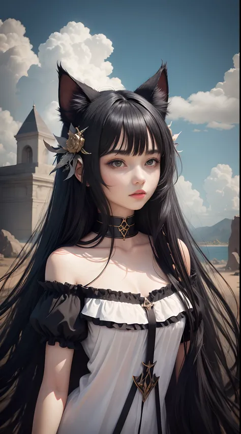 Black hair, cat ear, long whitr hair, the original god, surrealism, 8K, Super detail