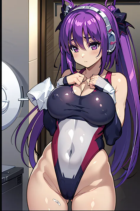 Guy and 1 girl, Purple eyes, Purple hair, (((Twin-tailed))), headphones, Fingerless gloves, cleavage,  Red Eye, (Best Quality), (Ultra-detailed), (High resolution), Very sexual anime girl, Cowboy Shot, age19, POV, voluptuous breasts, (((Competitive swimsui...