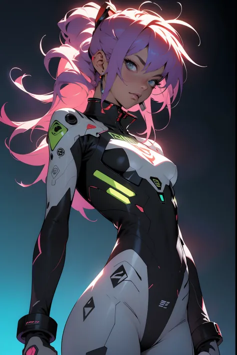 （（best qualtiy））， （（tmasterpiece））， （A detailed： 1.4）， （absurderes）， 35 year old adult woman with Simon Beasley style miniature thong， Genesis Evangelion neon style costume， 2 piece clothes， Colored pink hair， tattoos on the arms， cybernetic hand， downy， a...