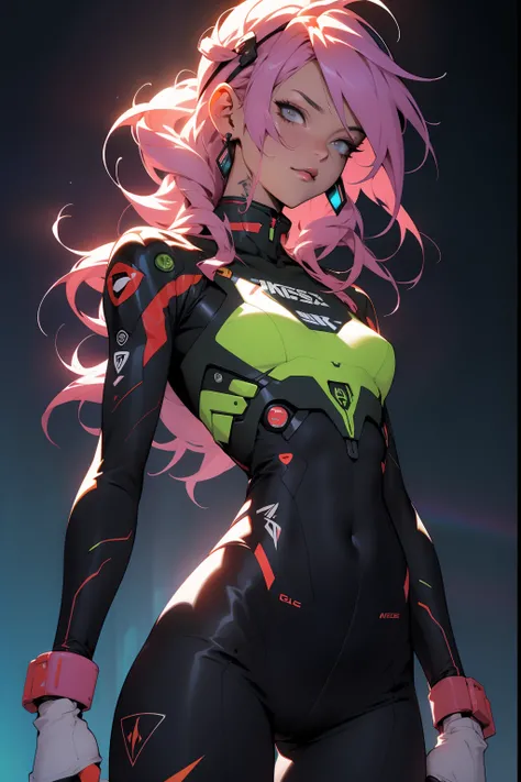 （（best qualtiy））， （（tmasterpiece））， （A detailed： 1.4）， （absurderes）， 35 year old adult woman with Simon Beasley style miniature thong， Genesis Evangelion neon style costume， 2 piece clothes， Colored pink hair， tattoos on the arms， cybernetic hand， downy， a...